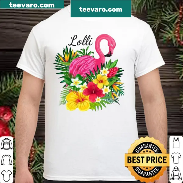 Illustrative shirt with a pink flamingo and tropical flowers design.