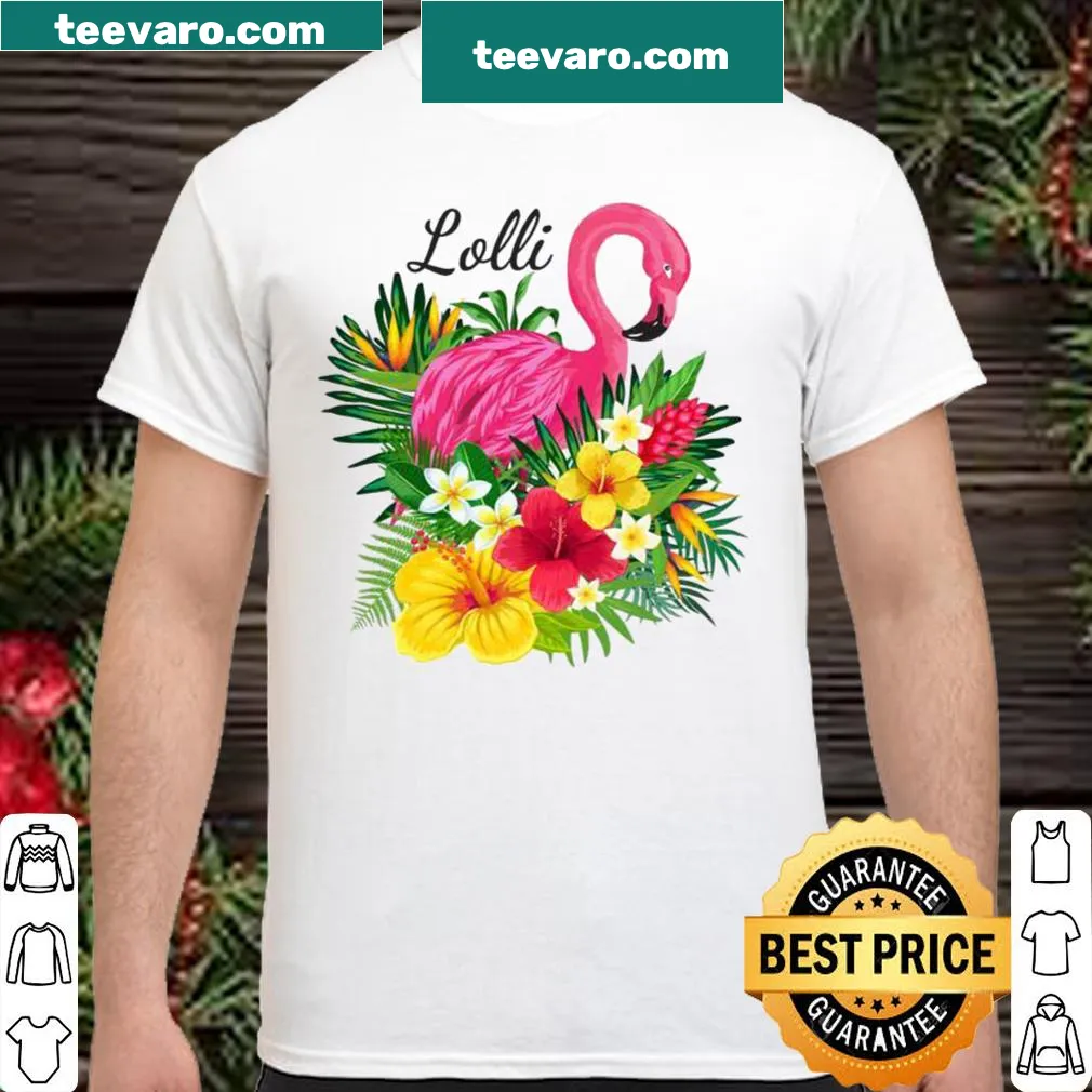 Illustrative shirt with a pink flamingo and tropical flowers design.