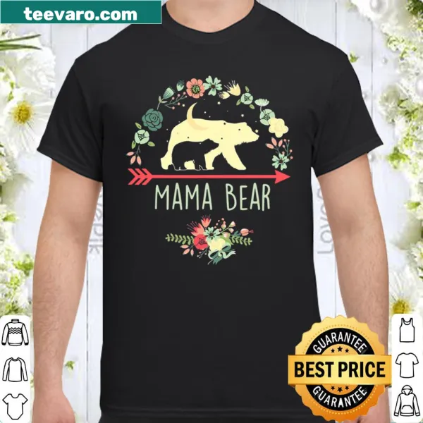 Mama bear with cub graphic on a floral-themed shirt