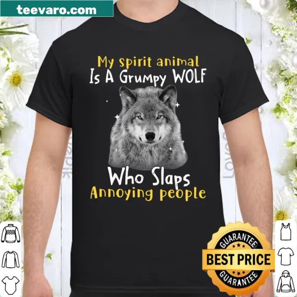 Illustrated grumpy wolf graphic on a humorous shirt