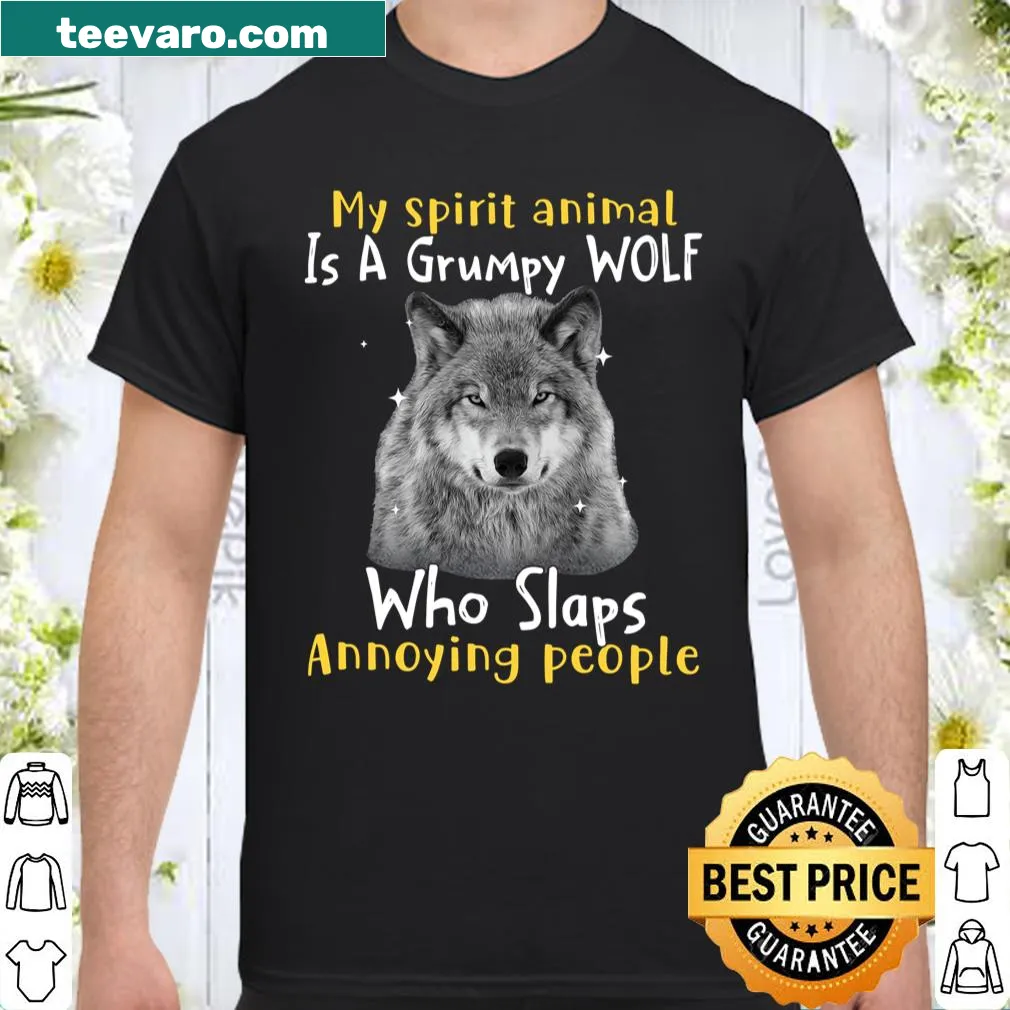 Illustrated grumpy wolf graphic on a humorous shirt