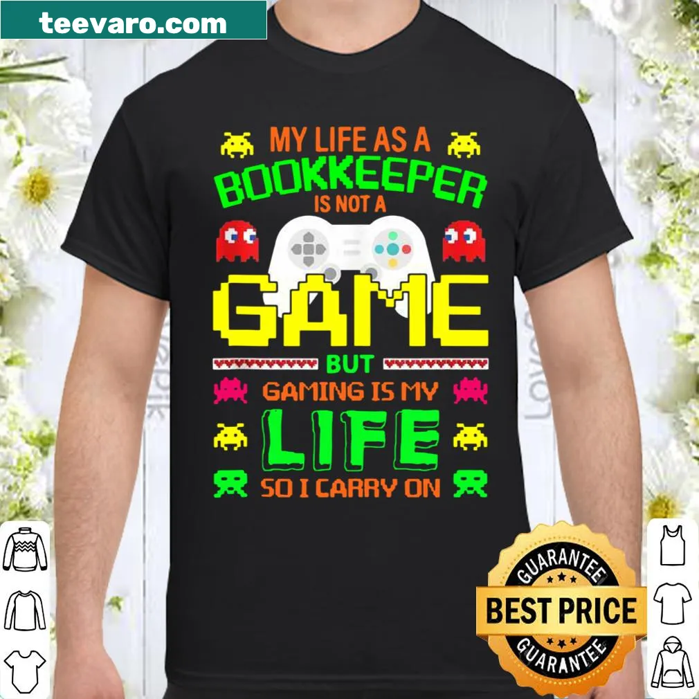 Humorous bookkeeper and gaming themed shirt with clever text design.