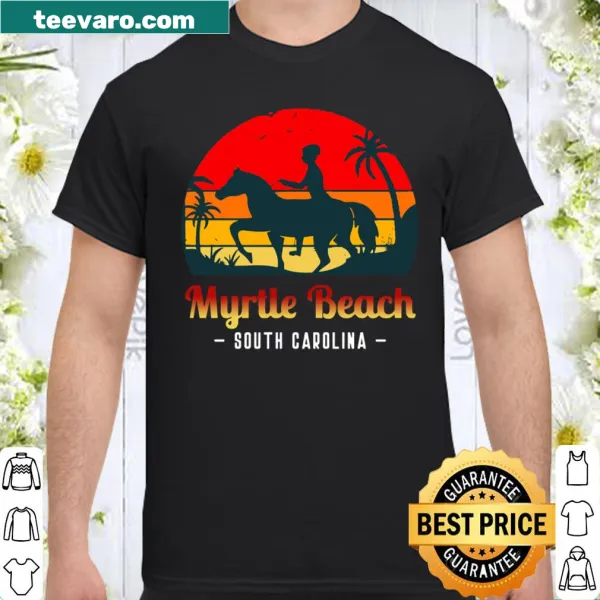 Illustrated shirt featuring Myrtle Beach and horseback riding theme.