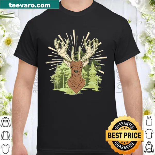 Illustrative shirt featuring a proud deer with antlers in a forest