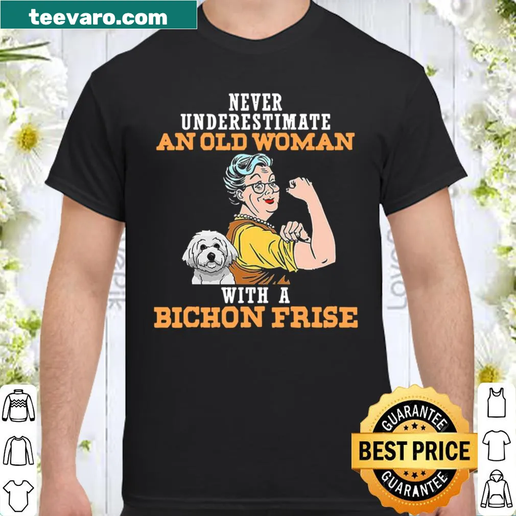 Shirt declaring 'Never Underestimate An Old Woman With A Border Collie' in bold typography.
