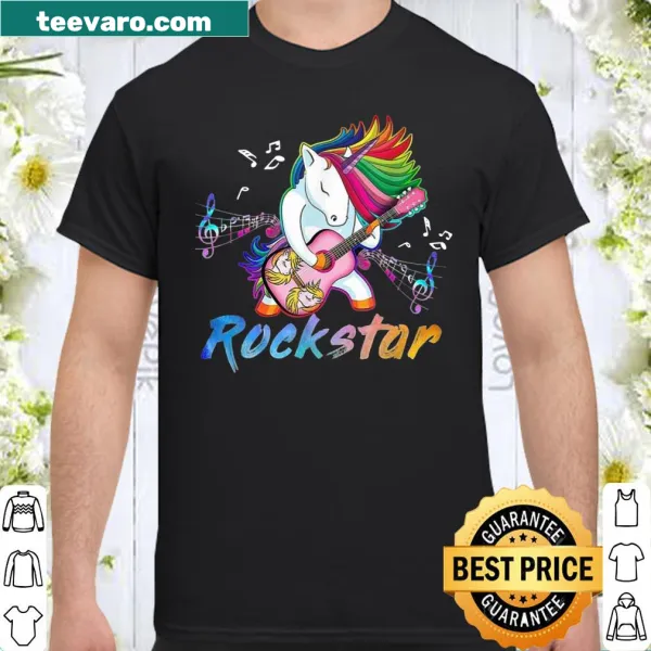 Illustration of a unicorn playing guitar, celebrating a playful rockstar theme.