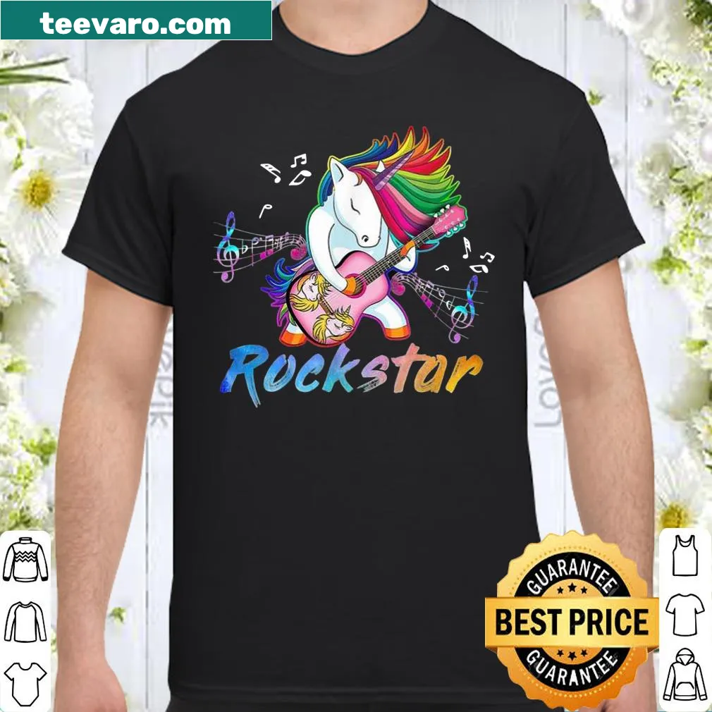 Illustration of a unicorn playing guitar, celebrating a playful rockstar theme.