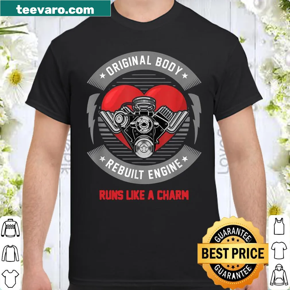 Graphic shirt featuring a rebuilt engine, celebrating automotive passion