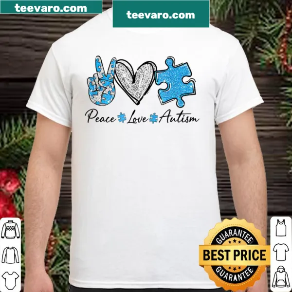 Shirt featuring peace, love, and autism awareness symbols