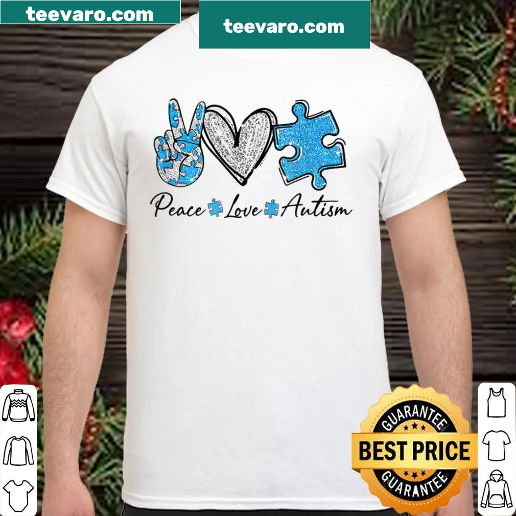 Shirt featuring peace, love, and autism awareness symbols