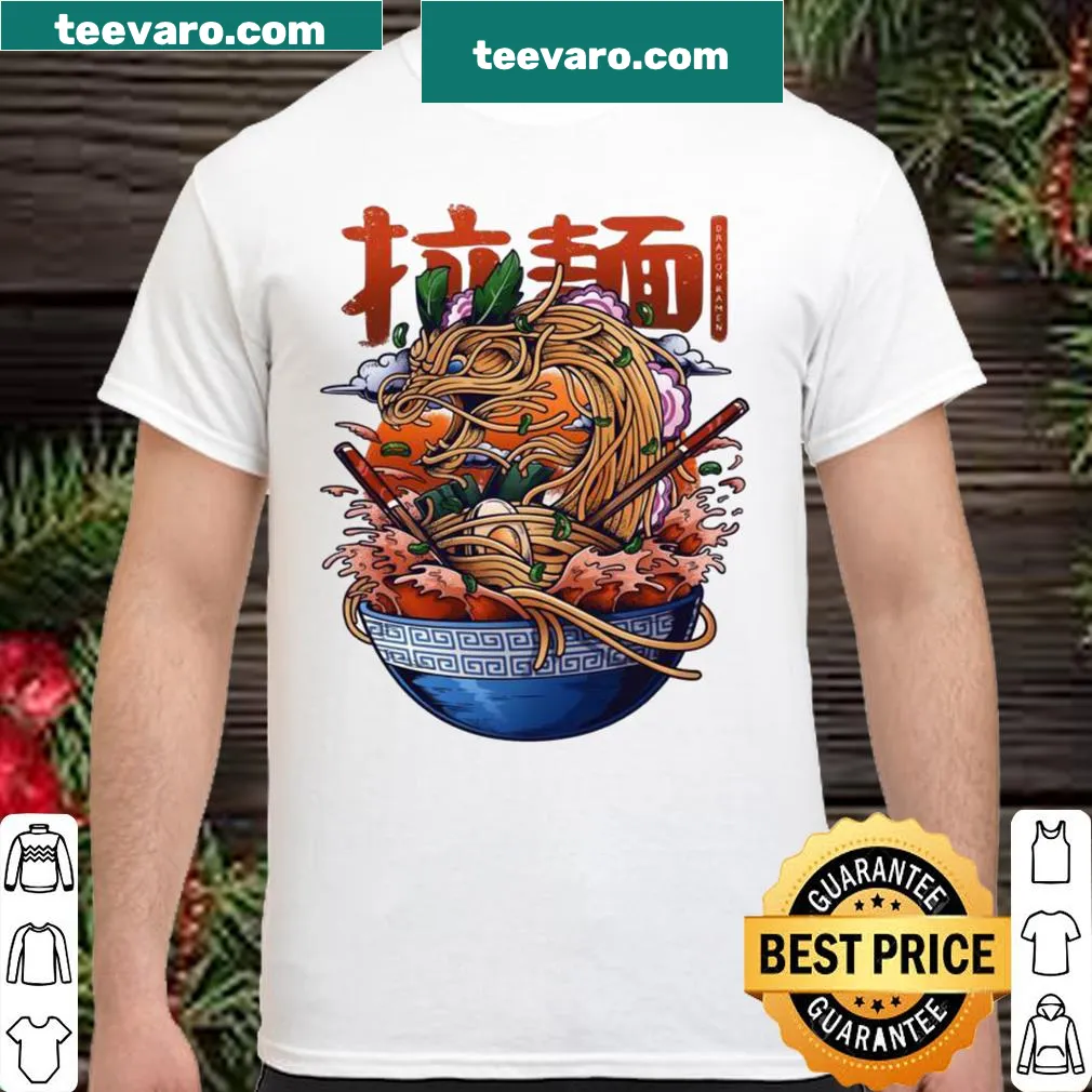Whimsical ramen dragon graphic on anime-themed shirt.