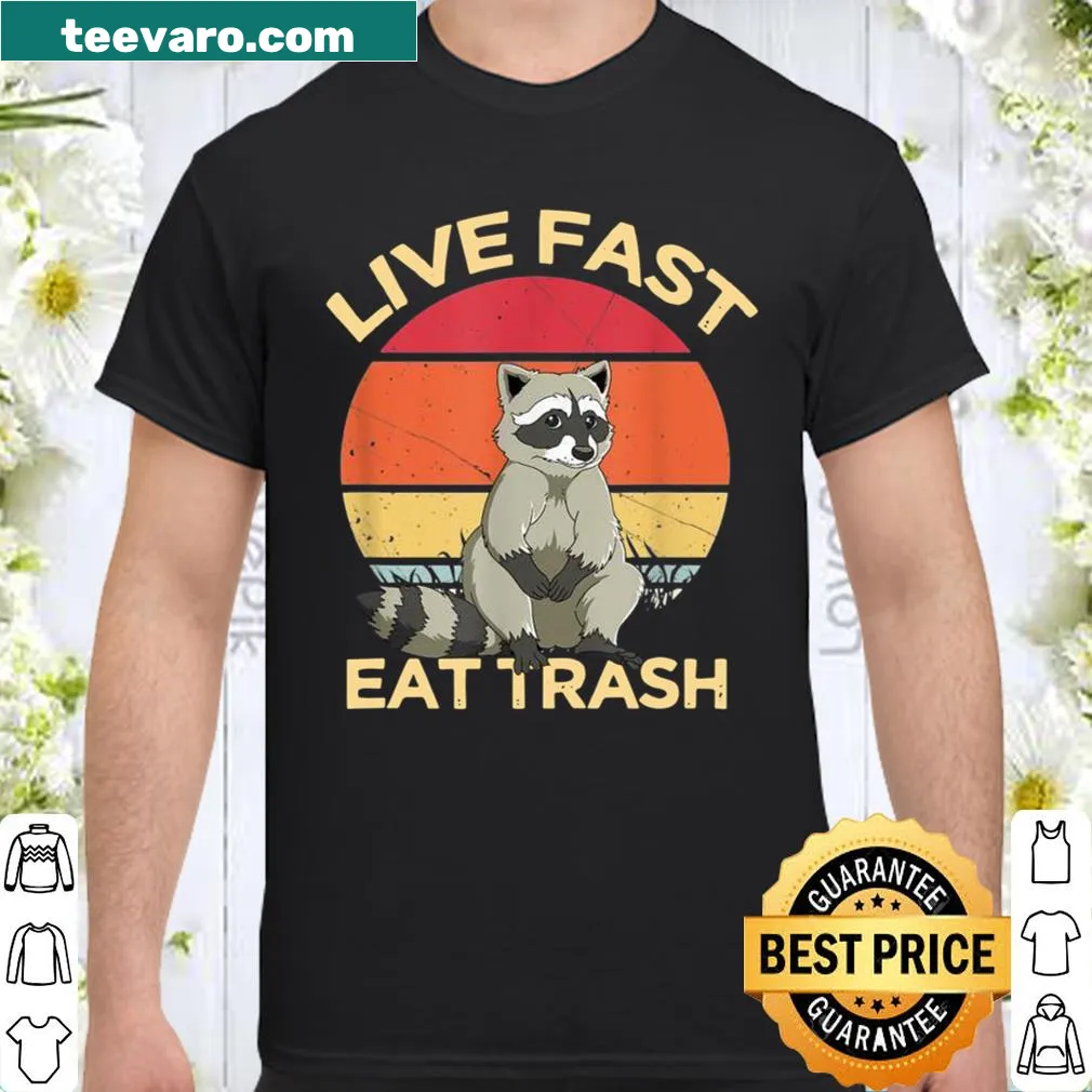 Cartoon design of a raccoon eating trash on a shirt