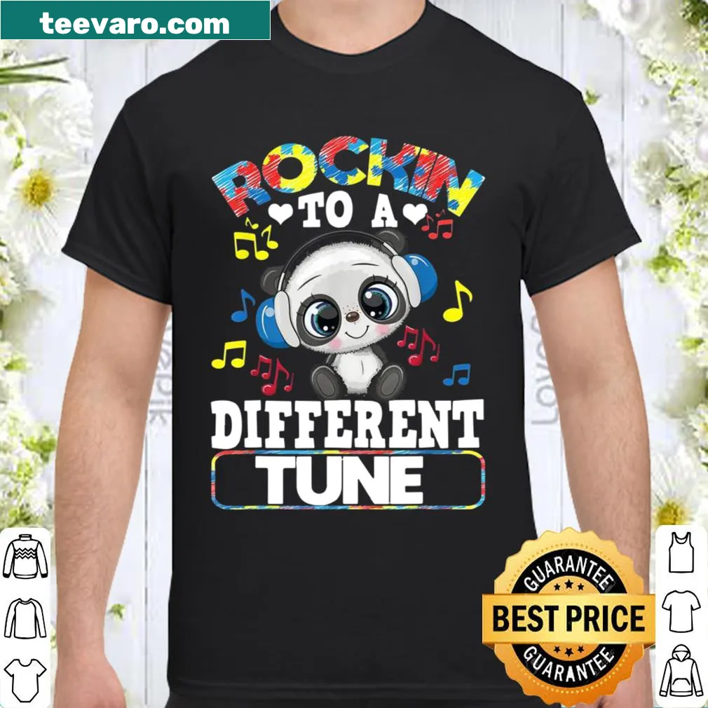 Panda-themed autism awareness shirt with the text 'Rockin' To A Different Tune'