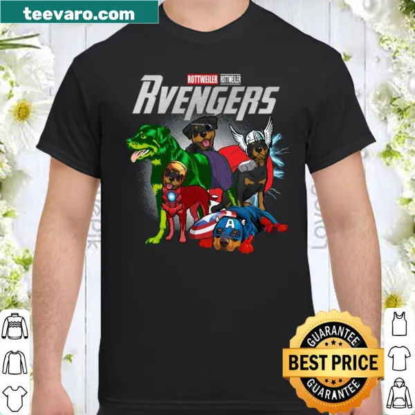 Illustrated Rottweiler themed shirt with superhero elements