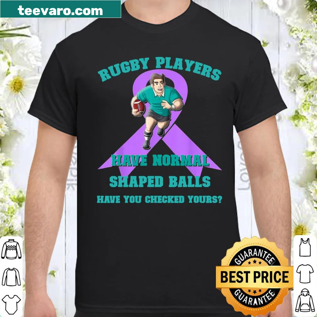 Emblematic shirt with rugby balls and a ribbon for cancer awareness.
