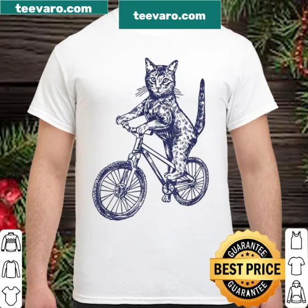Cat riding a bicycle illustration on a fun cycling shirt