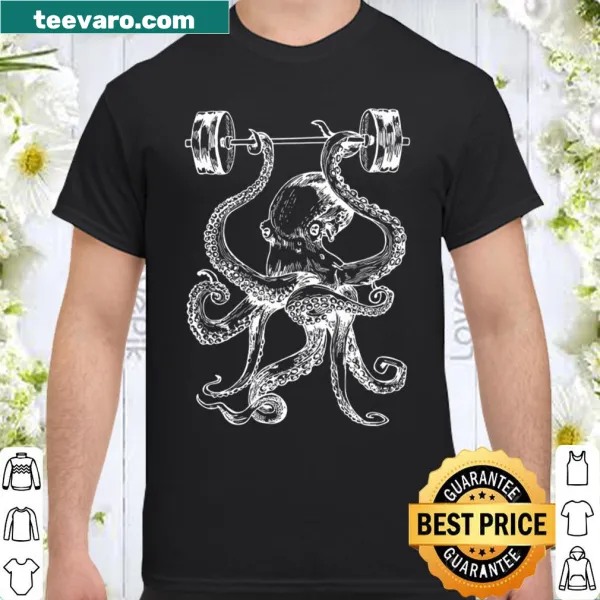 Fitness shirt with an octopus lifting a barbell graphic