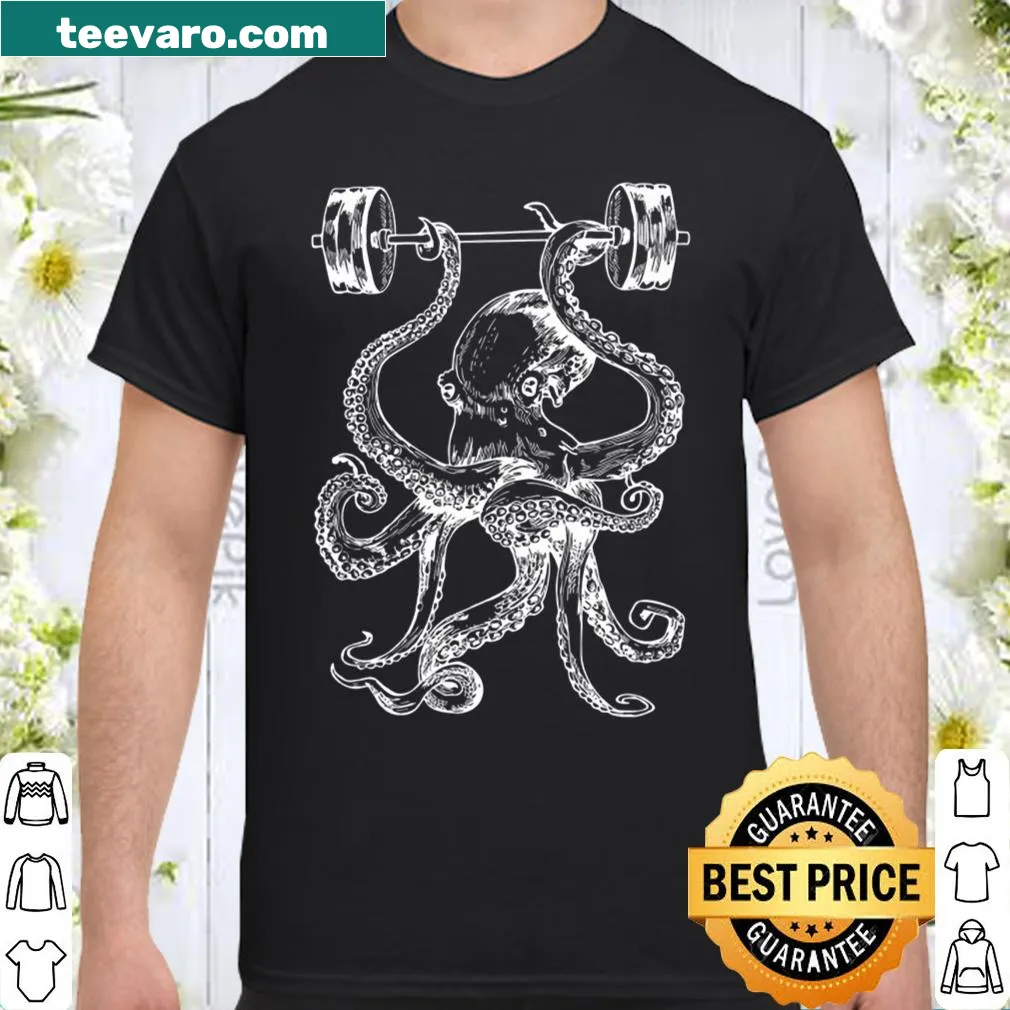 Fitness shirt with an octopus lifting a barbell graphic