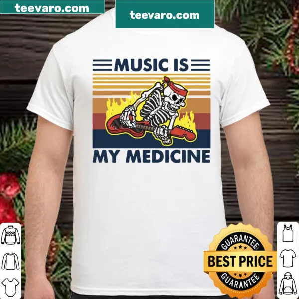 Skeleton playing guitar on a vintage-style music shirt