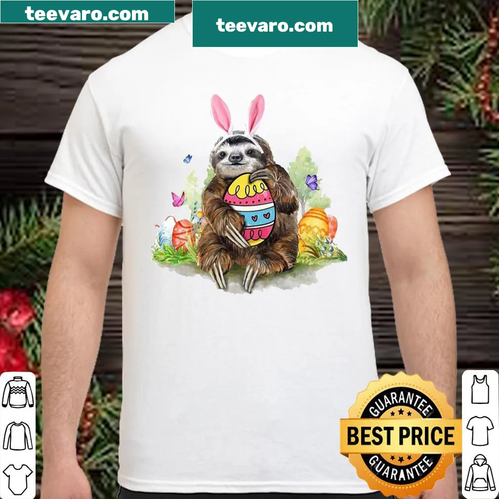 Cartoon sloth hugging an Easter egg on a shirt