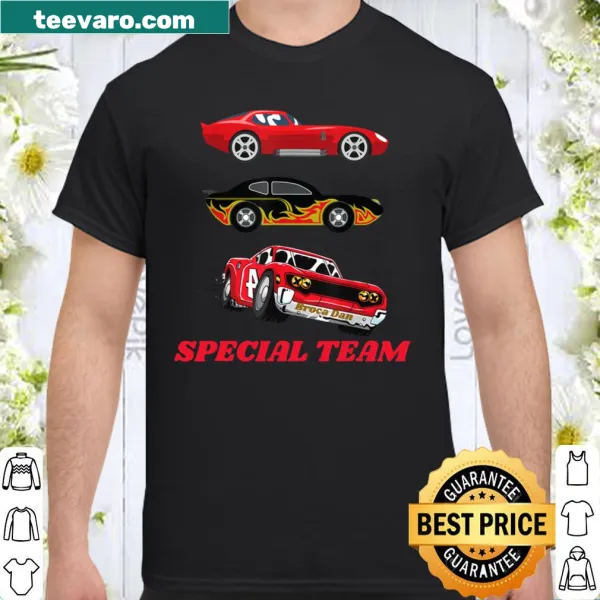 T-shirt featuring three racing hot rods illustration