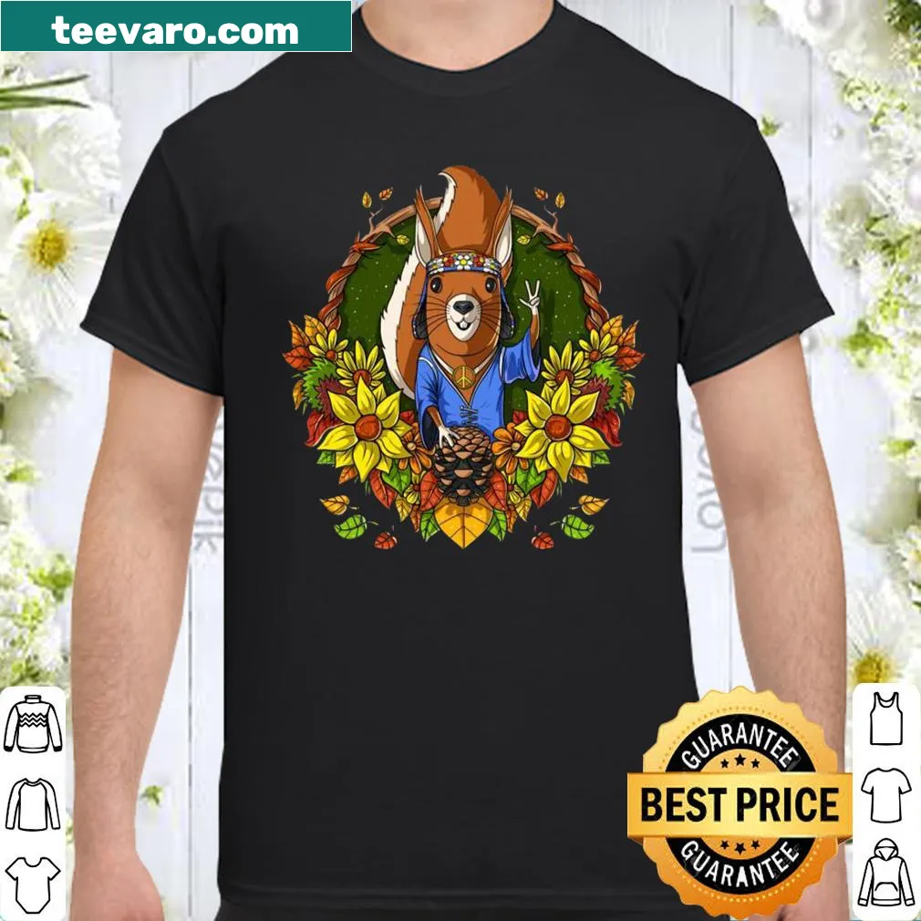 Illustrative shirt featuring a squirrel and sunflowers in a nature theme.