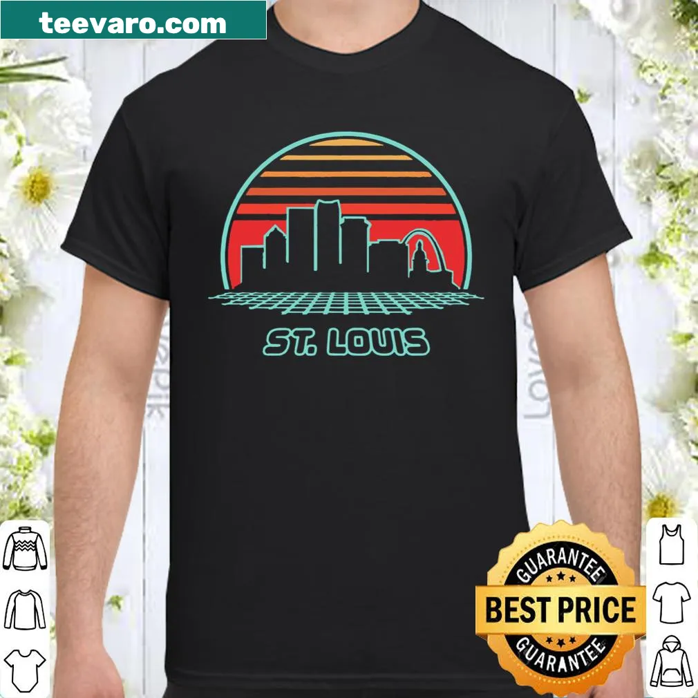 Retro 80's St. Louis skyline graphic on a souvenir T-shirt