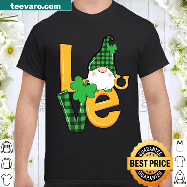 Gnome and shamrocks graphic with 'Love' on a St. Patrick's Day shirt