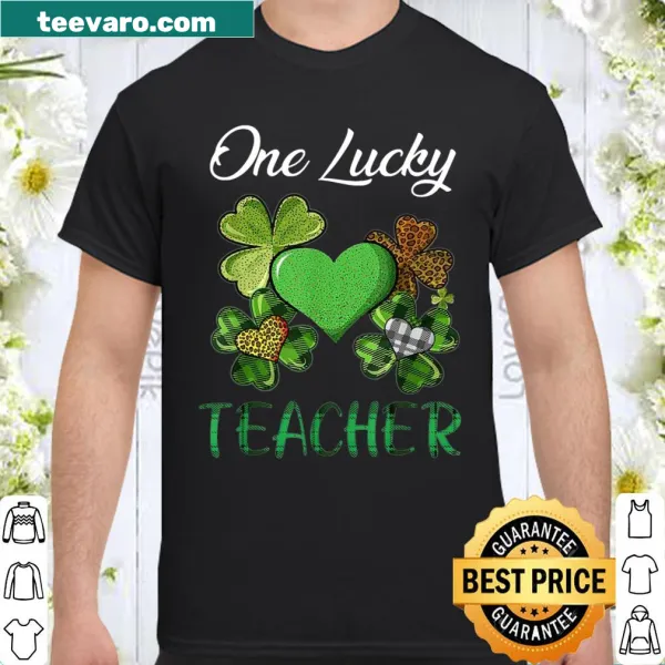Buffalo plaid design with shamrocks on a St. Patrick's Day teacher shirt