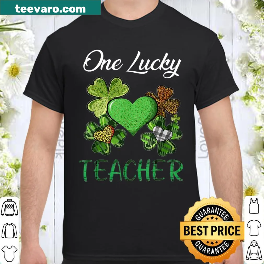 Buffalo plaid design with shamrocks on a St. Patrick's Day teacher shirt