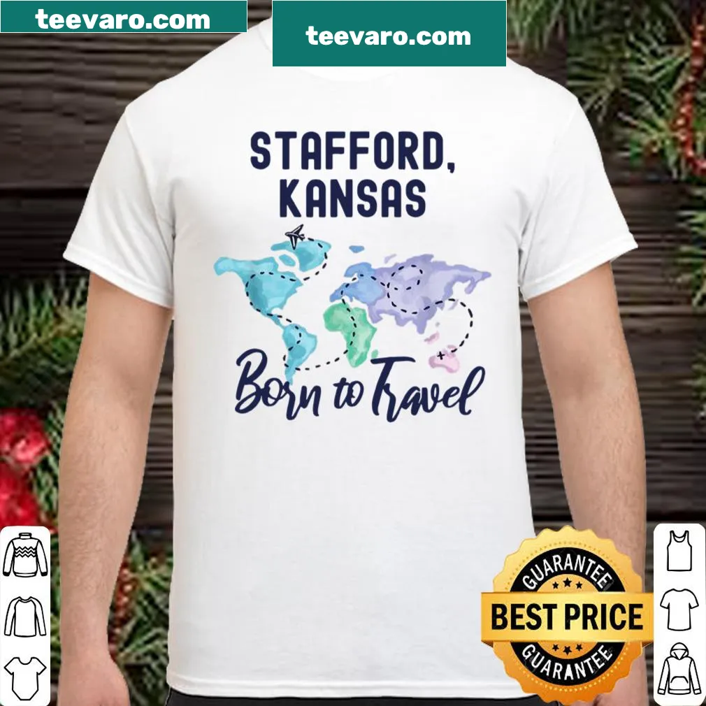 Travel-themed shirt featuring 'Born to Travel' design with Stafford Kansas