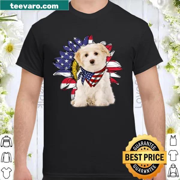 Illustrated shirt featuring sunflower and American flag with Bichon Frise