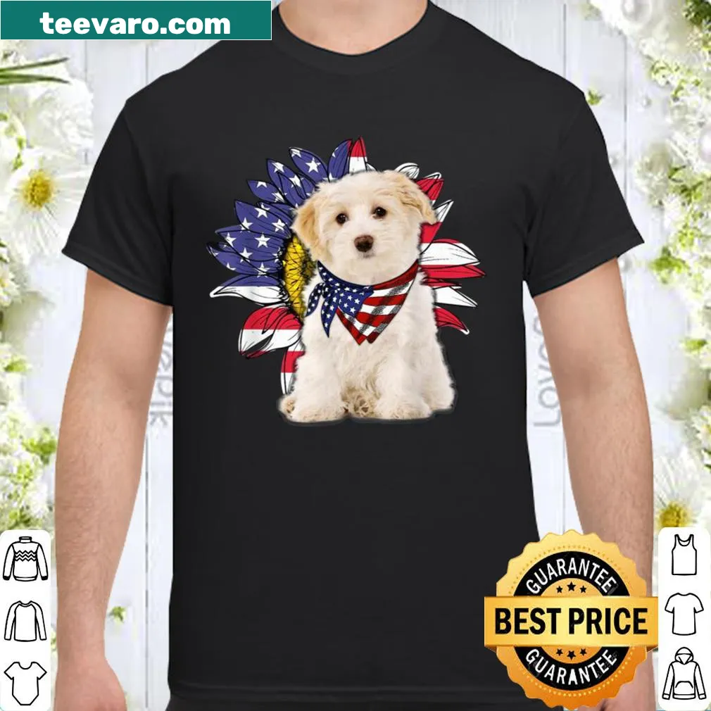 Illustrated shirt featuring sunflower and American flag with Bichon Frise