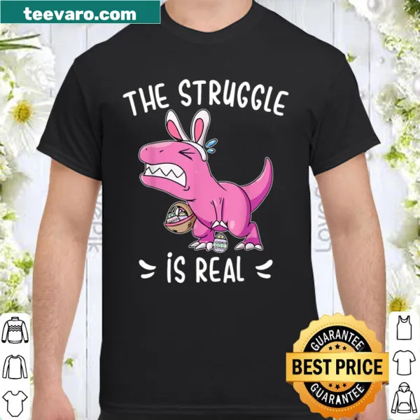 Funny Easter shirt with a dinosaur wearing bunny ears for a playful holiday vibe.
