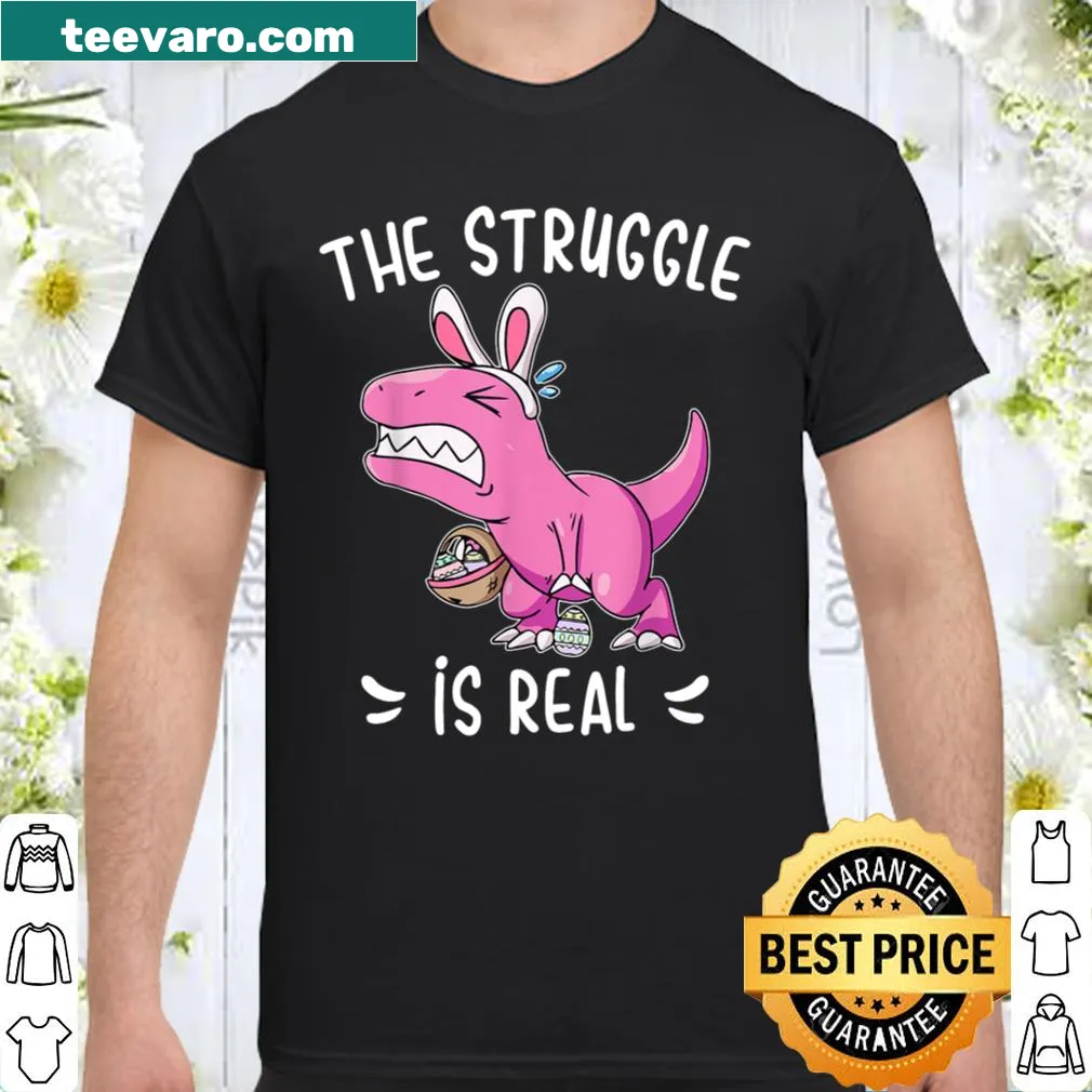 Funny Easter shirt with a dinosaur wearing bunny ears for a playful holiday vibe.