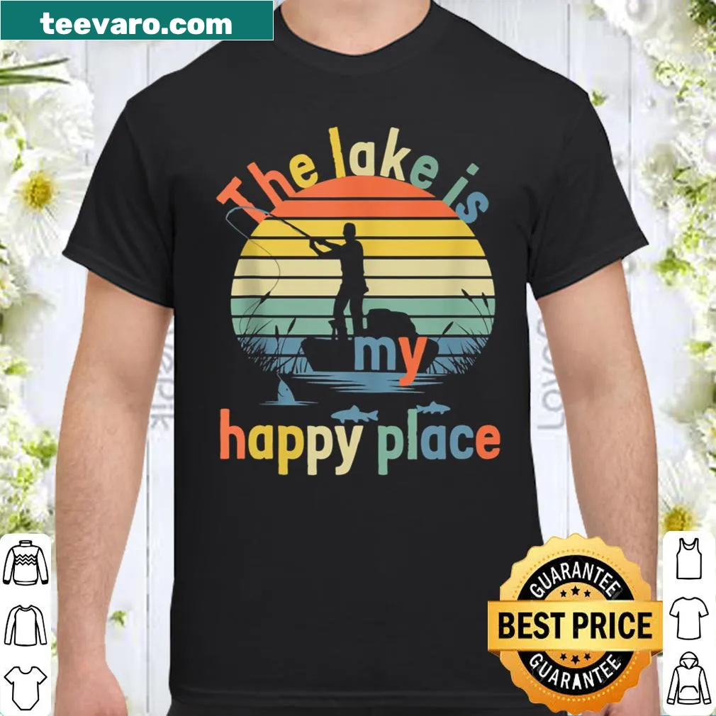 Illustrated fishing shirt declaring the lake as a happy place