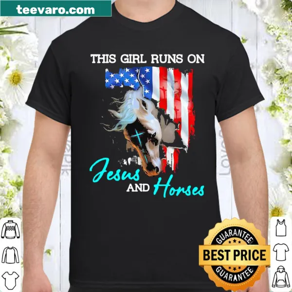 Text graphic celebrating faith and horses with an American flag