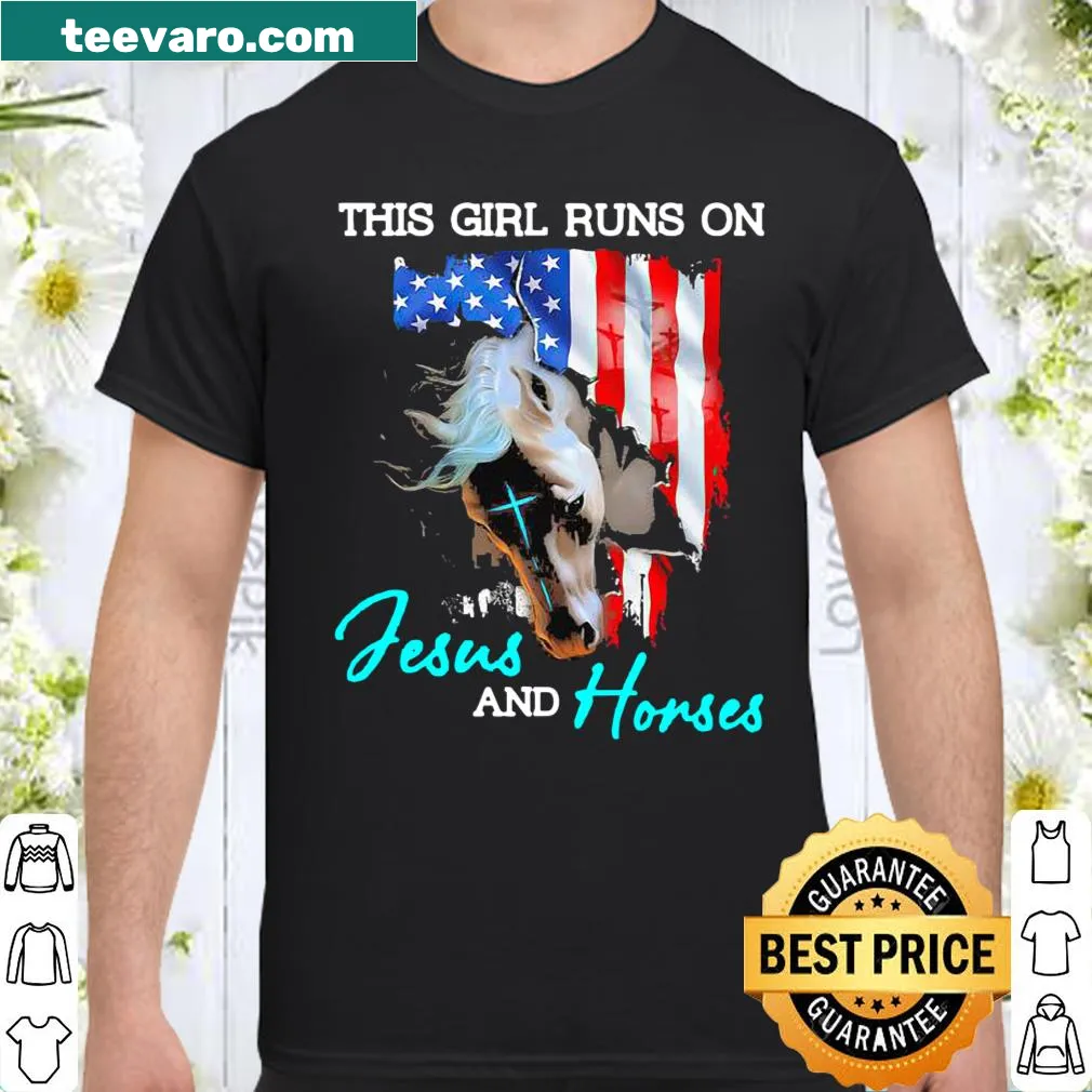 Text graphic celebrating faith and horses with an American flag
