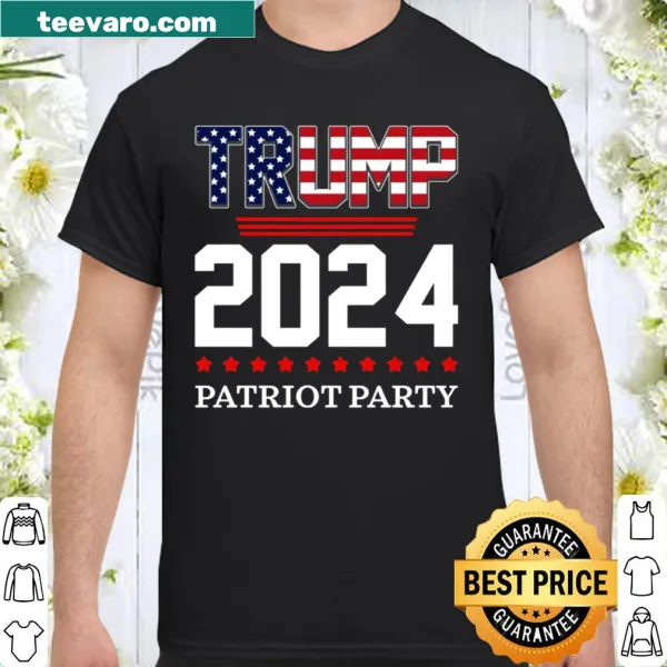 Trump 2024 Patriot Party T-Shirt with bold lettering.