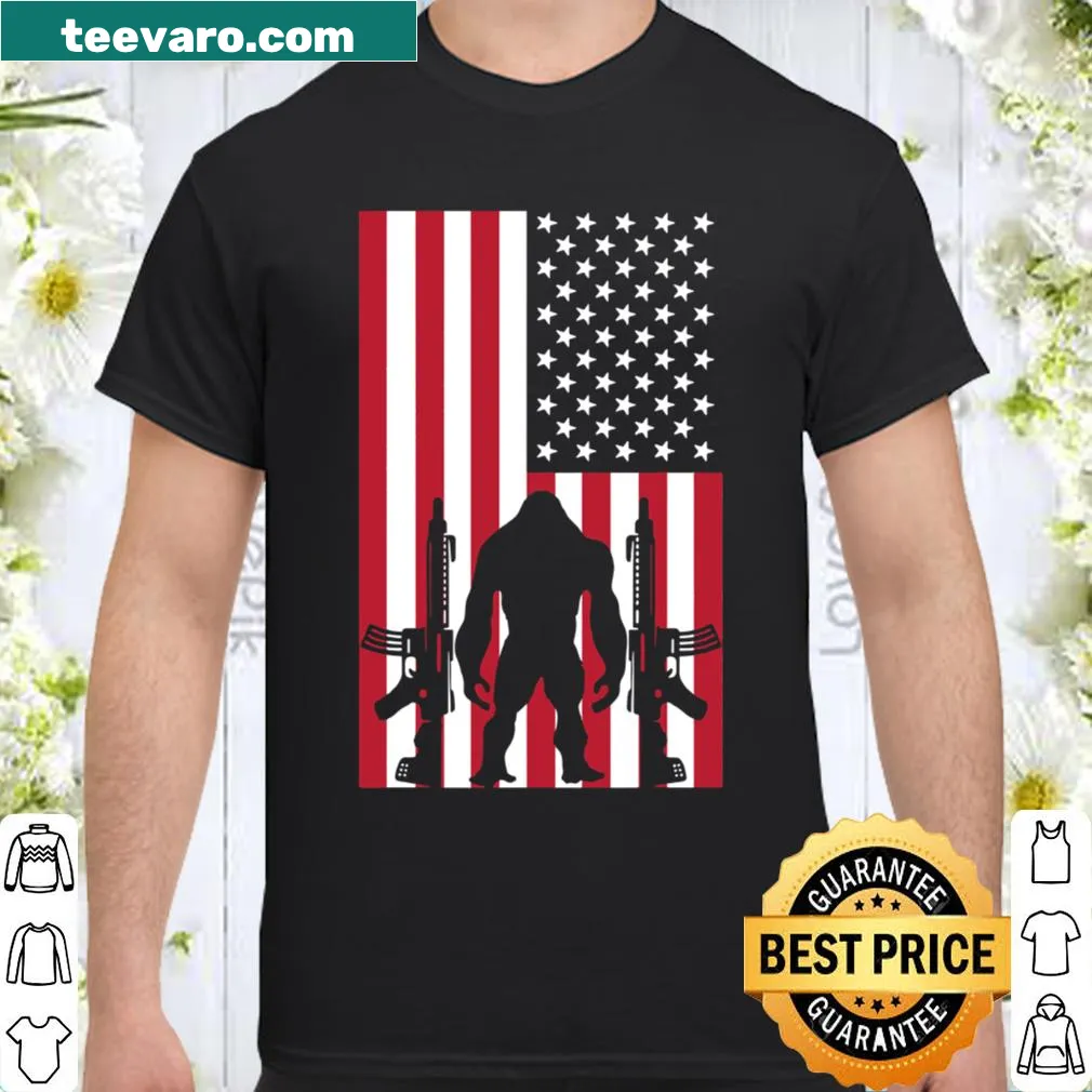 Patriotic shirt featuring US flag, guns, and Sasquatch design