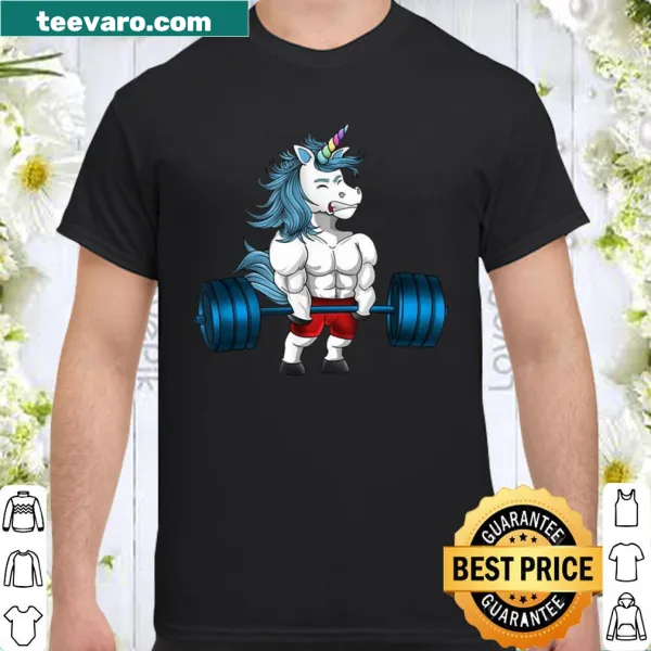 Playful shirt featuring a unicorn and weightlifting theme