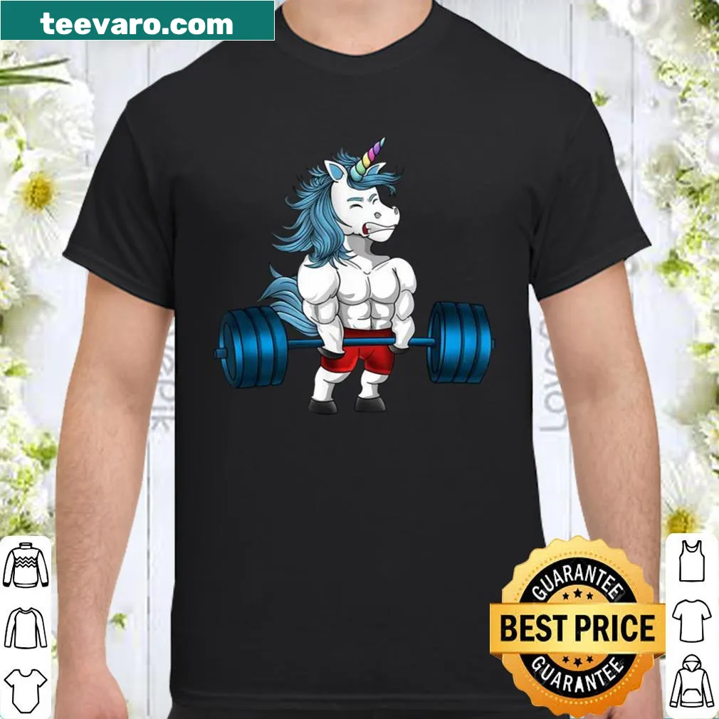 Playful shirt featuring a unicorn and weightlifting theme