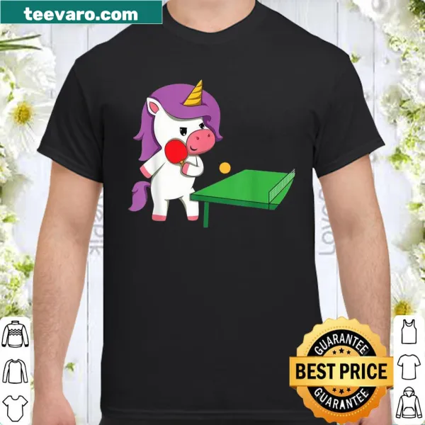 Cartoon unicorn playing ping pong on a fun graphic shirt