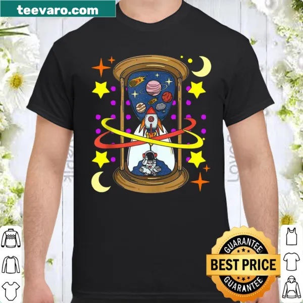 Shirt featuring a cartoon rocketship and spaceman in a galaxy design