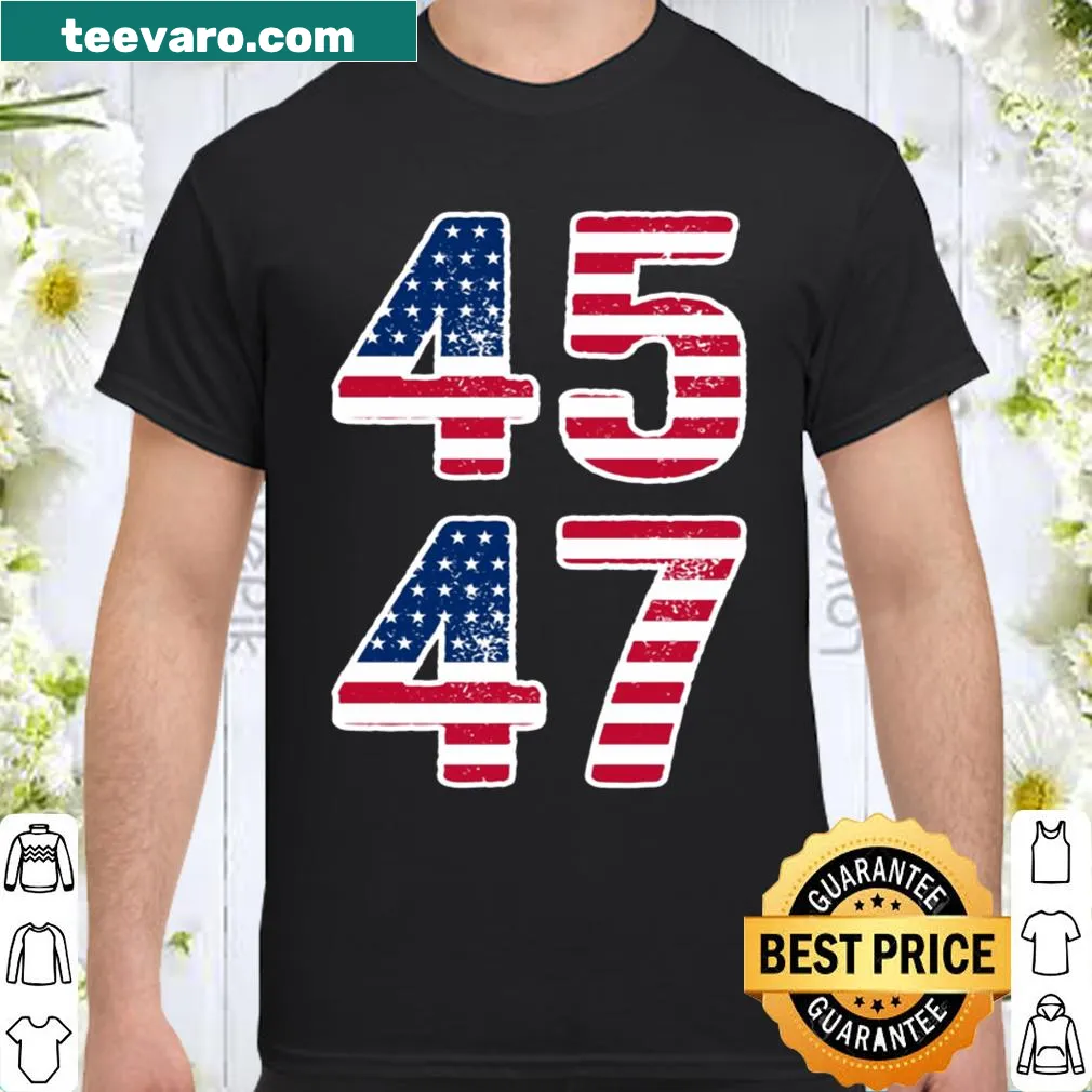 Vintage-style shirt with '45 47 Squared' and Trump 2024 message