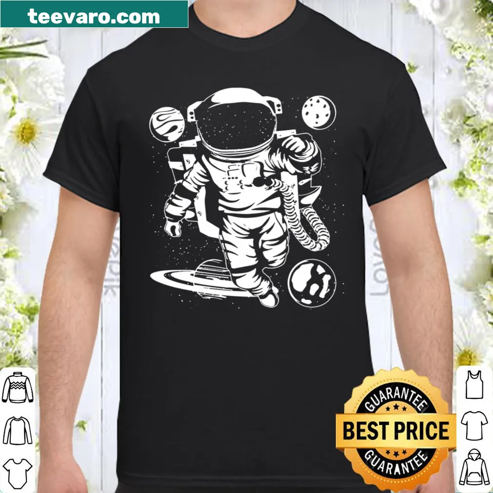 Illustrated shirt featuring planets and an astronaut
