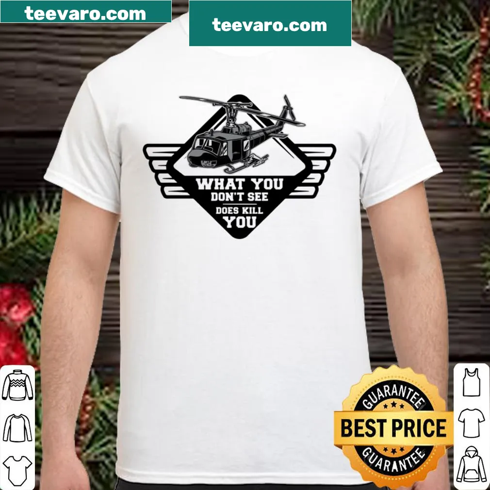 Helicopter graphic with caution text on a shirt