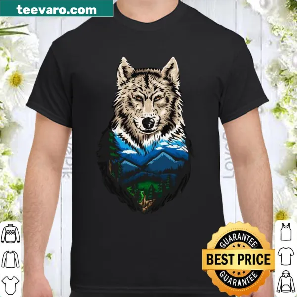 Nature-inspired shirt featuring a wolf and mountains graphic
