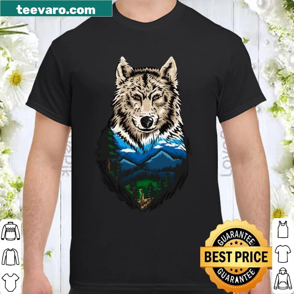 Nature-inspired shirt featuring a wolf and mountains graphic
