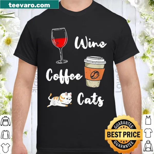 Vintage-style shirt featuring wine, coffee, and cats in a playful design